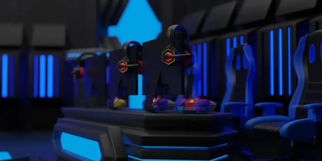 Moderne esports-gamingarena met meerdere pc-werkplekken, stoelen en RGB-verlichting, helemaal klaar voor competitieve gamingevenementen
